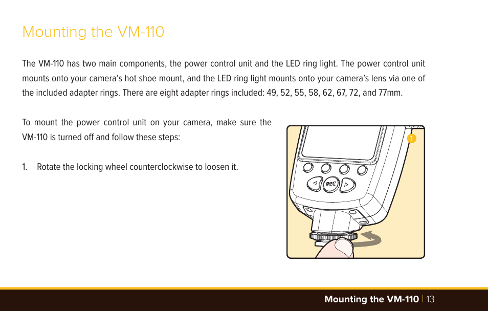 Mounting the vm-110 | Bolt VM-110 LED Macro Ring Light User Manual | Page 13 / 24