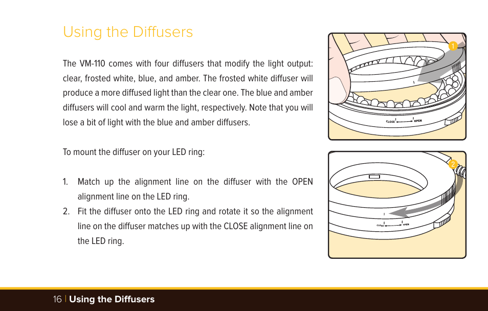 Using the diffusers | Bolt VM-110 LED Macro Ring Light User Manual | Page 16 / 24