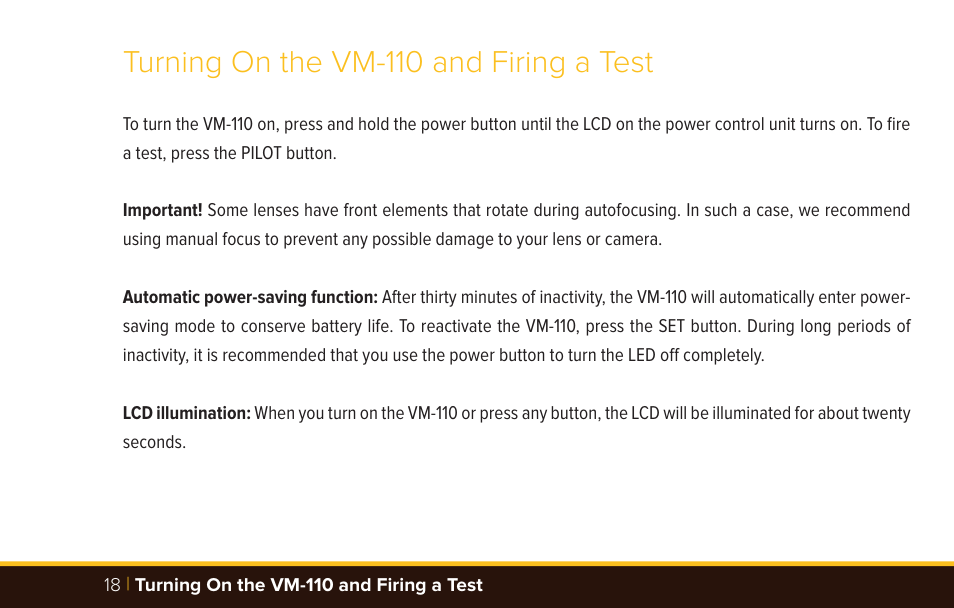 Turning on the vm-110 and firing a test | Bolt VM-110 LED Macro Ring Light User Manual | Page 18 / 24