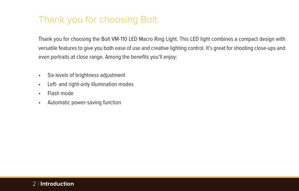 Bolt VM-110 LED Macro Ring Light User Manual | Page 2 / 24