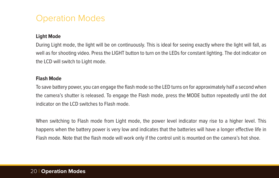 Operation modes | Bolt VM-110 LED Macro Ring Light User Manual | Page 20 / 24