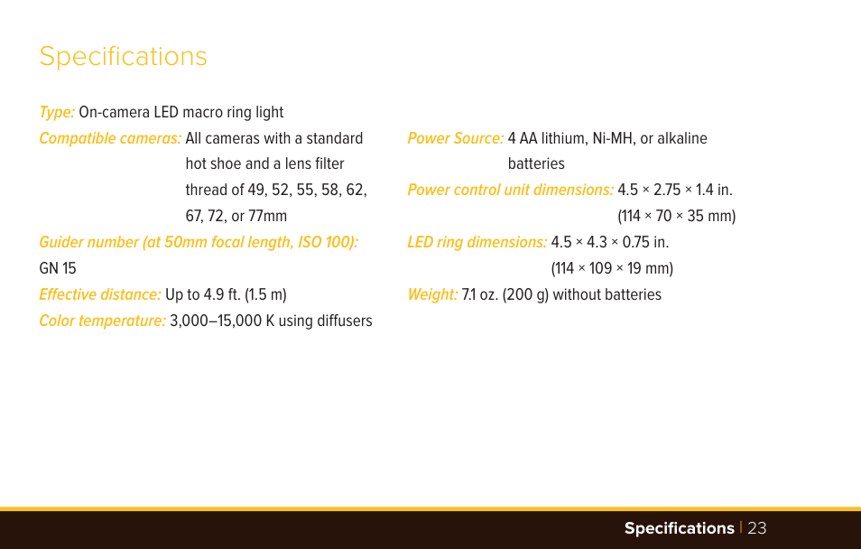 Specifications | Bolt VM-110 LED Macro Ring Light User Manual | Page 23 / 24