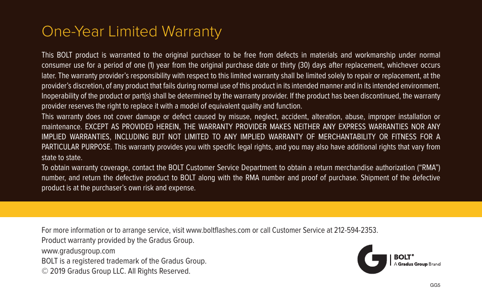One-year limited warranty | Bolt VM-110 LED Macro Ring Light User Manual | Page 24 / 24