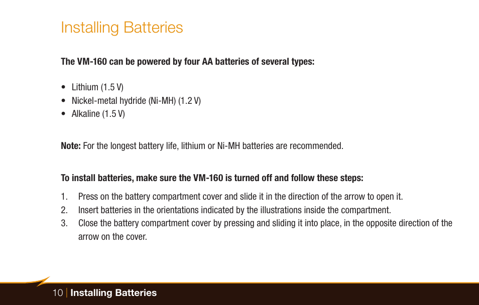 Installing batteries | Bolt VM-160 LED Macro Ring Light User Manual | Page 10 / 24