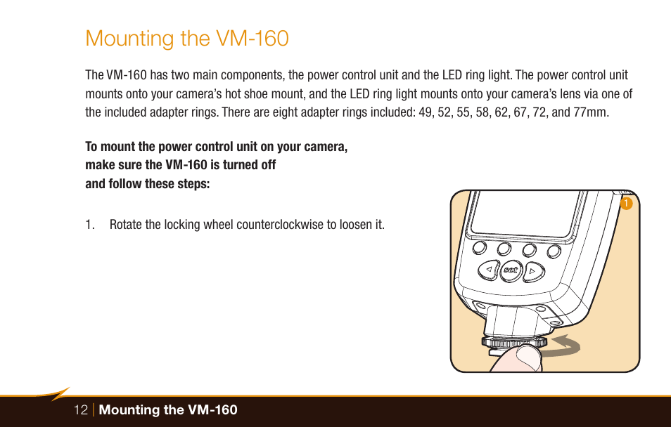 Mounting the vm-160 | Bolt VM-160 LED Macro Ring Light User Manual | Page 12 / 24