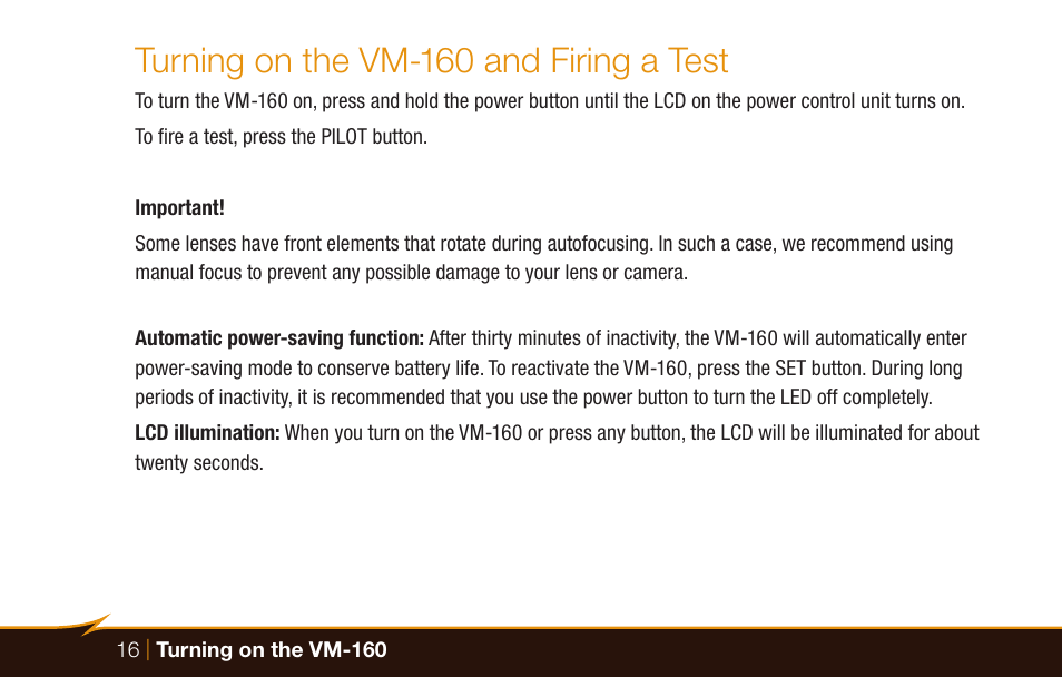 Turning on the vm-160 and firing a test | Bolt VM-160 LED Macro Ring Light User Manual | Page 16 / 24