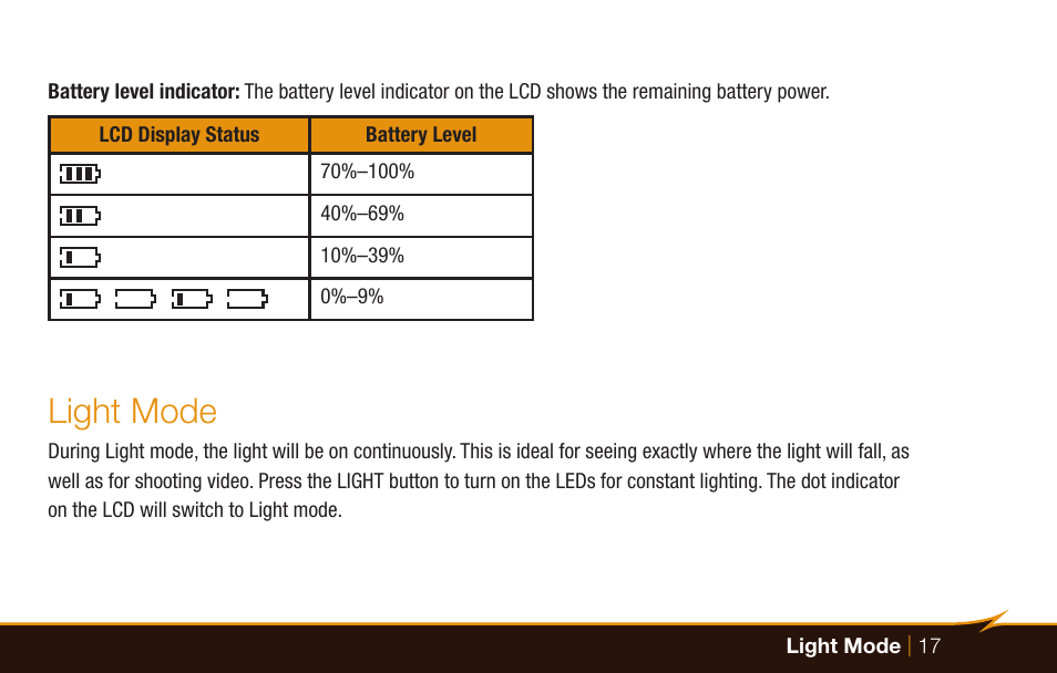 Light mode | Bolt VM-160 LED Macro Ring Light User Manual | Page 17 / 24