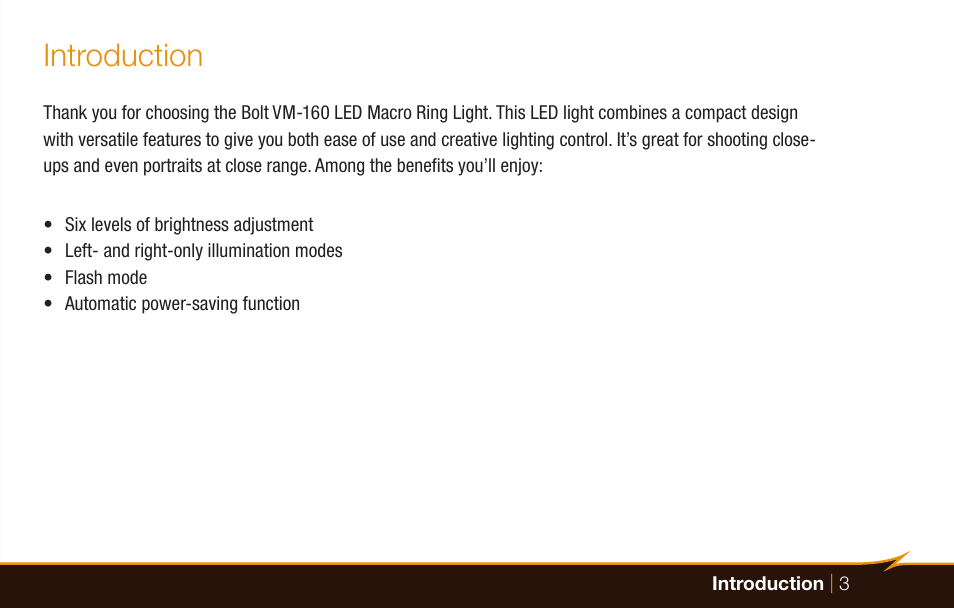 Introduction | Bolt VM-160 LED Macro Ring Light User Manual | Page 3 / 24