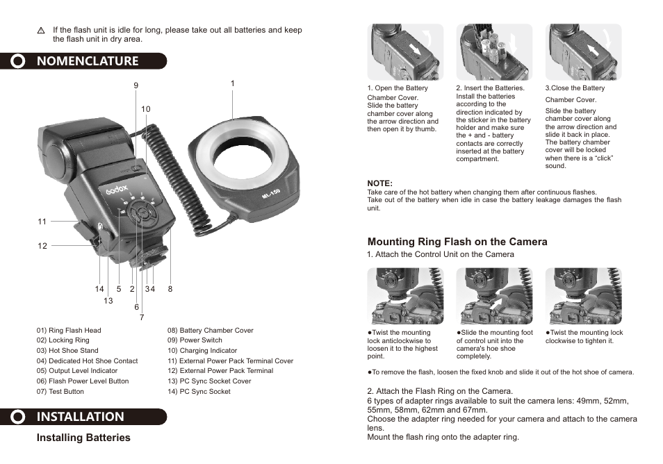 Nomenclature, Installation, Installing batteries | Mounting ring flash on the camera | Godox ML-150 II Macro Ring Flash User Manual | Page 5 / 6