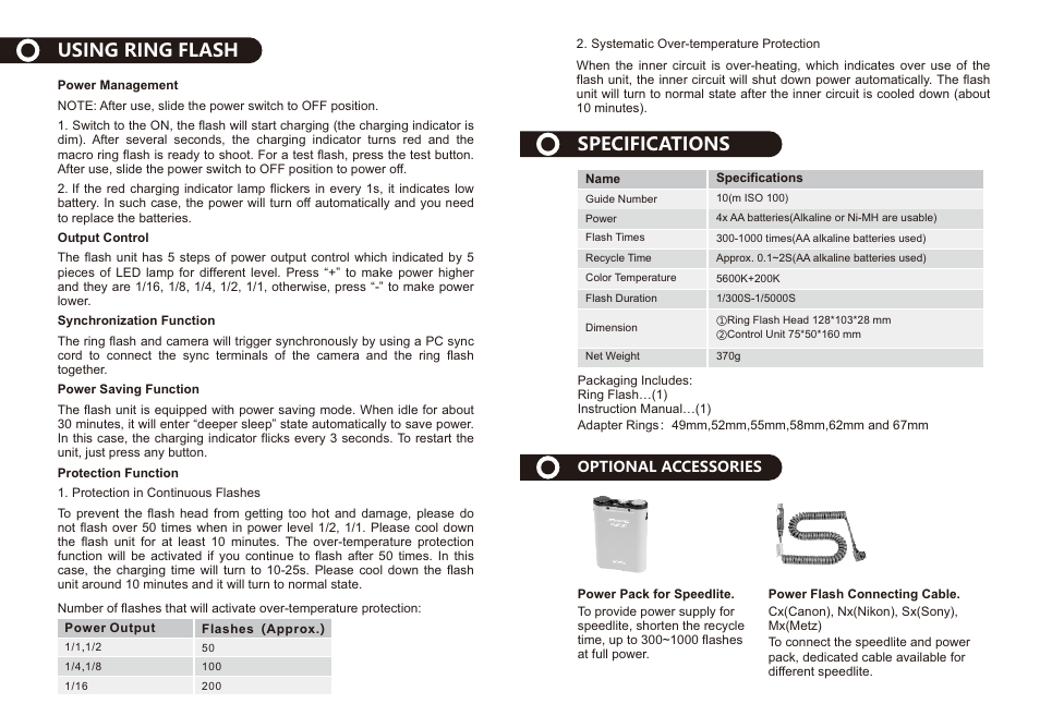 Using ring flash, Specifications | Godox ML-150 II Macro Ring Flash User Manual | Page 6 / 6