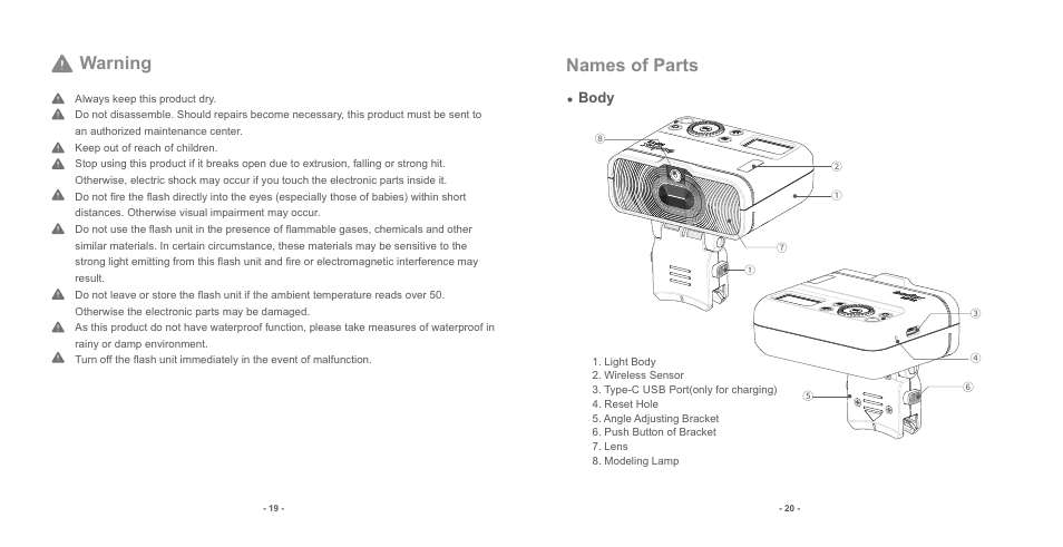 页 12, Warning, Names of parts | Body | Godox MF12 Macro Flash 2-Light Kit User Manual | Page 12 / 20