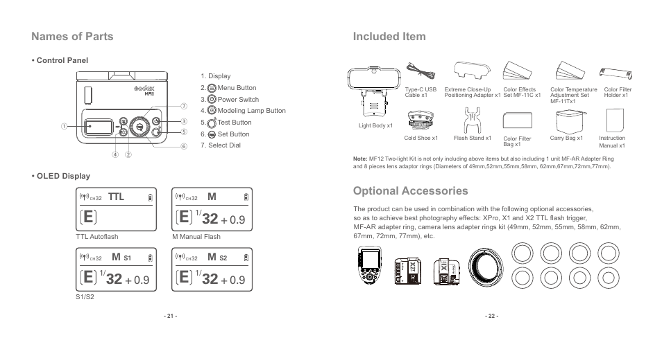 页 13, Included item, Optional accessories | Names of parts | Godox MF12 Macro Flash 2-Light Kit User Manual | Page 13 / 20