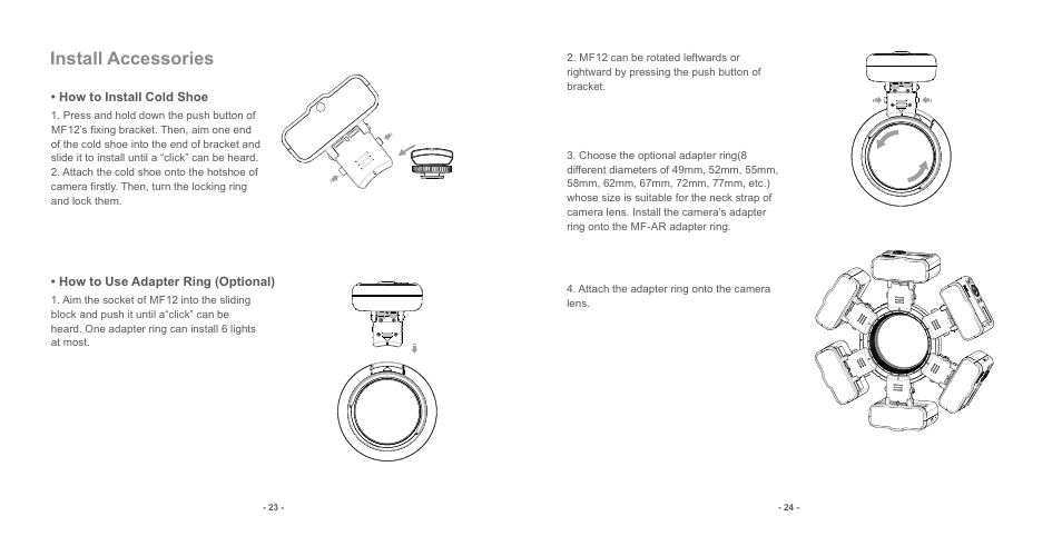页 14, Install accessories | Godox MF12 Macro Flash 2-Light Kit User Manual | Page 14 / 20