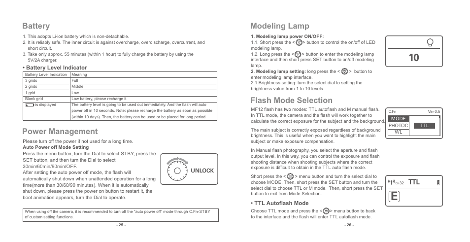 页 15, Battery, Power management | Modeling lamp flash mode selection | Godox MF12 Macro Flash 2-Light Kit User Manual | Page 15 / 20