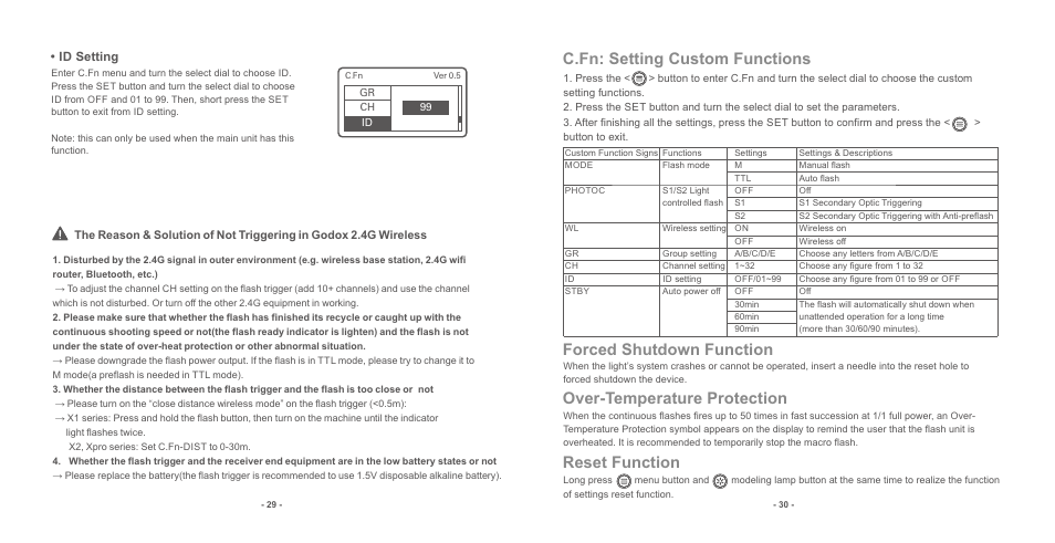 页 17, Over-temperature protection, Reset function | Godox MF12 Macro Flash 2-Light Kit User Manual | Page 17 / 20