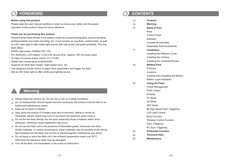 Foreword warning contents | Godox Witstro Ring Flash AR400 User Manual | Page 2 / 7