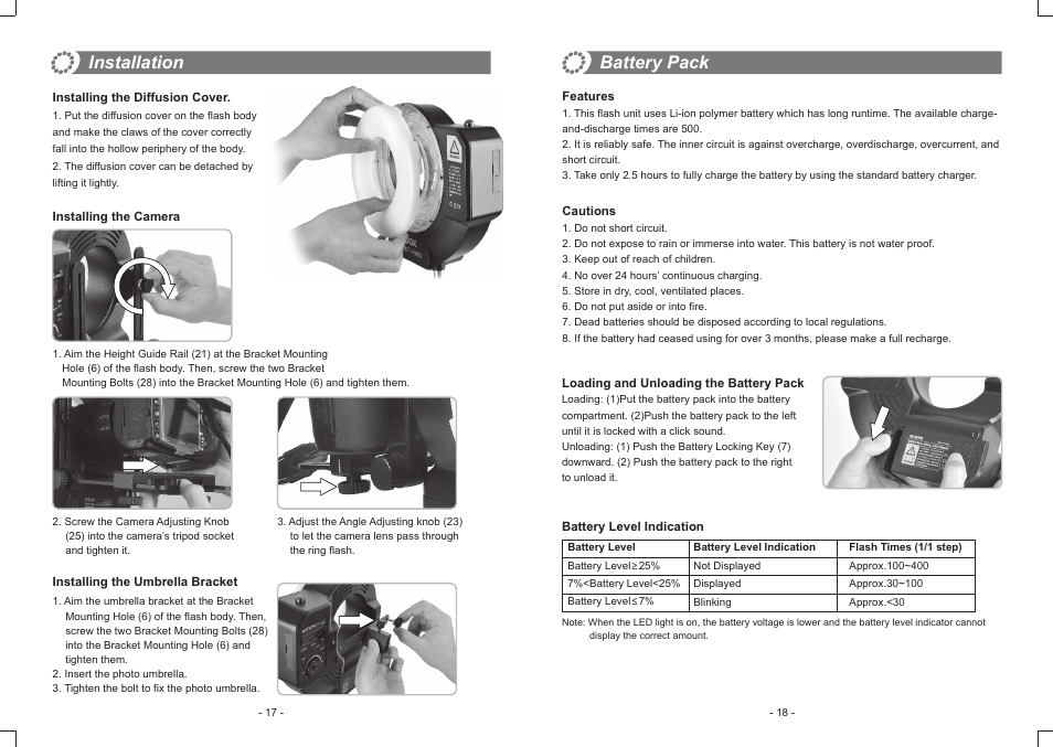 Installation, Battery pack | Godox Witstro Ring Flash AR400 User Manual | Page 4 / 7