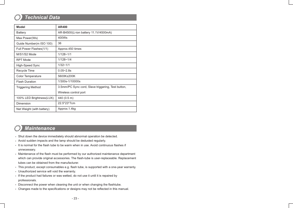 Maintenance, Technical data | Godox Witstro Ring Flash AR400 User Manual | Page 7 / 7