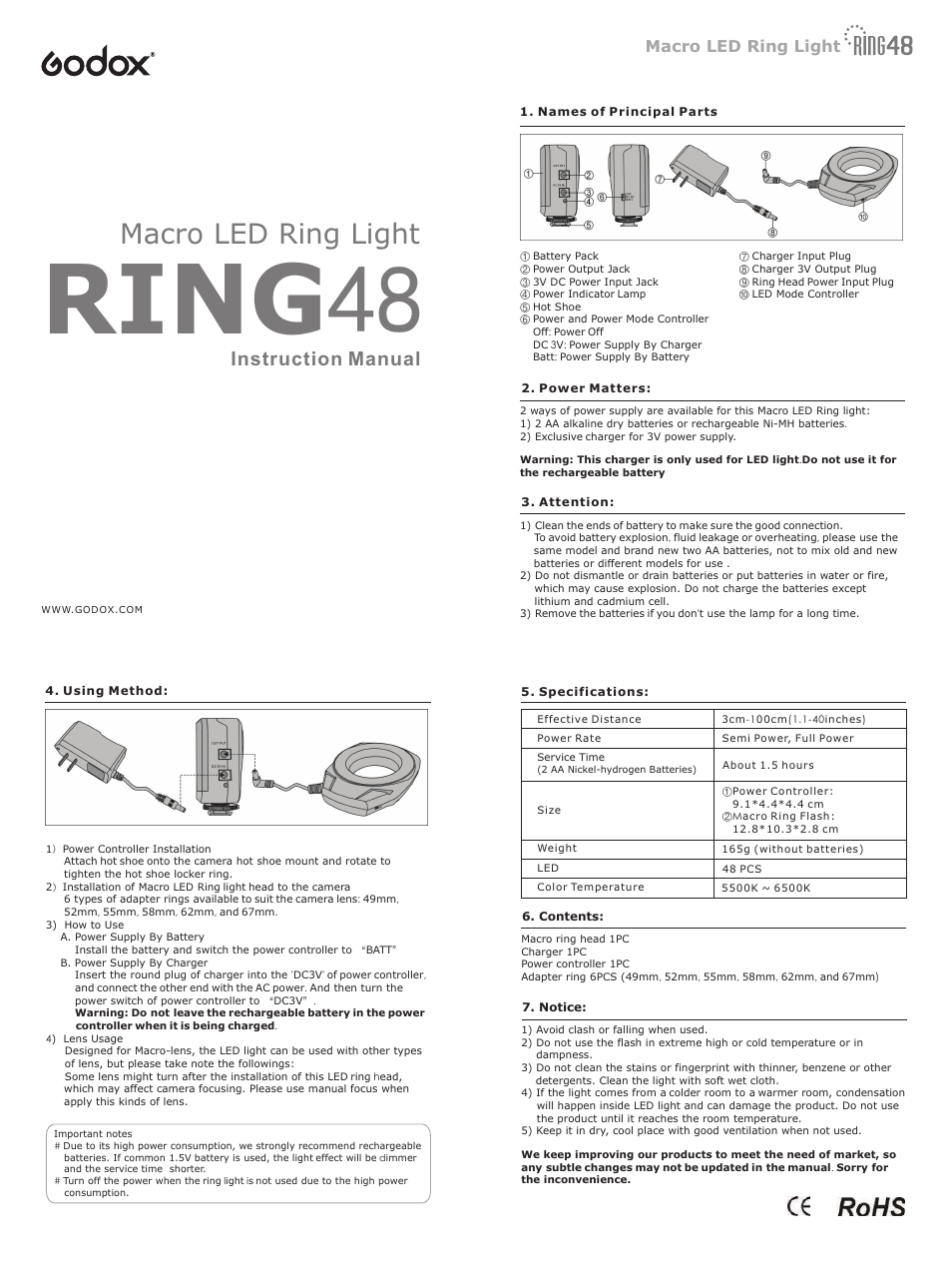 Ring 48, Macro led ring light, Instruction manual | Godox RING48 Macro Ring LED Light User Manual | Page 2 / 2