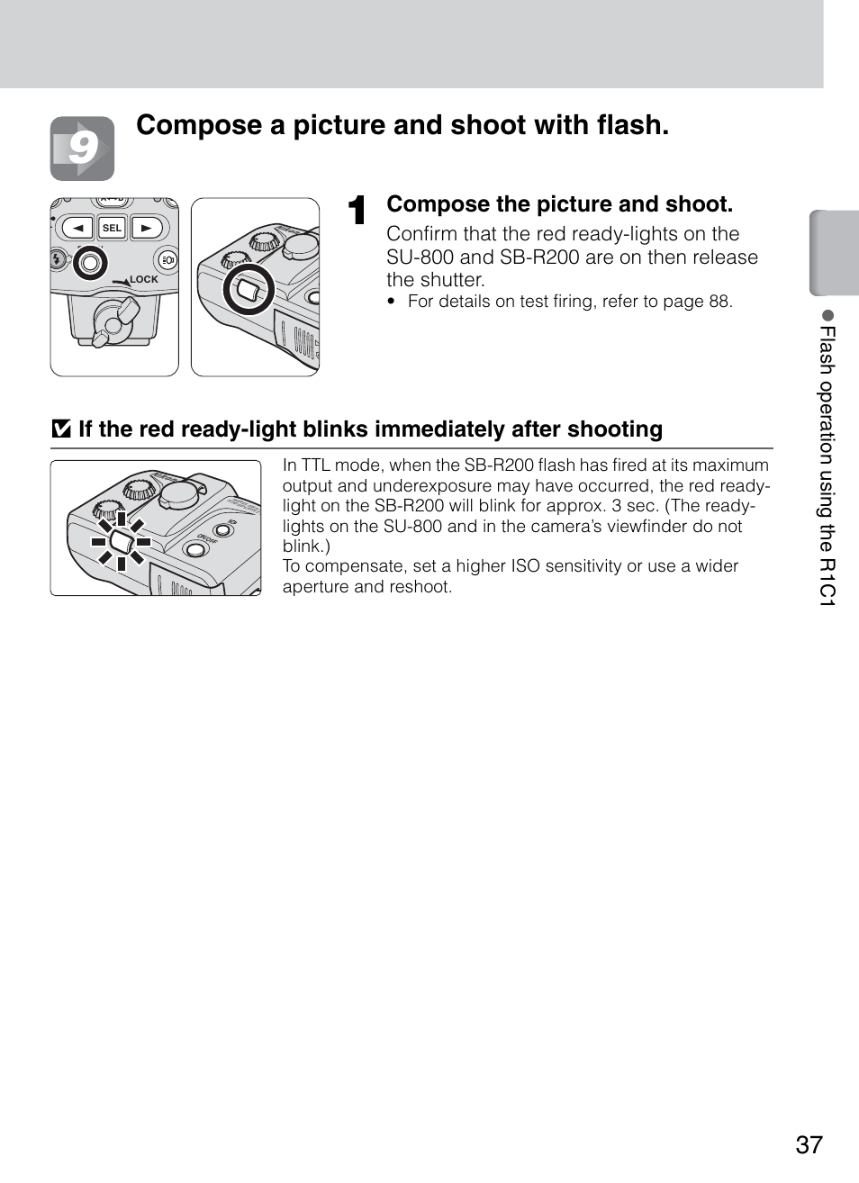 Compose a picture and shoot with flash, Compose the picture and shoot, Zflash operation using the r1c 1 | Nikon 4804 R1 Wireless Close-Up Speedlight System User Manual | Page 37 / 134