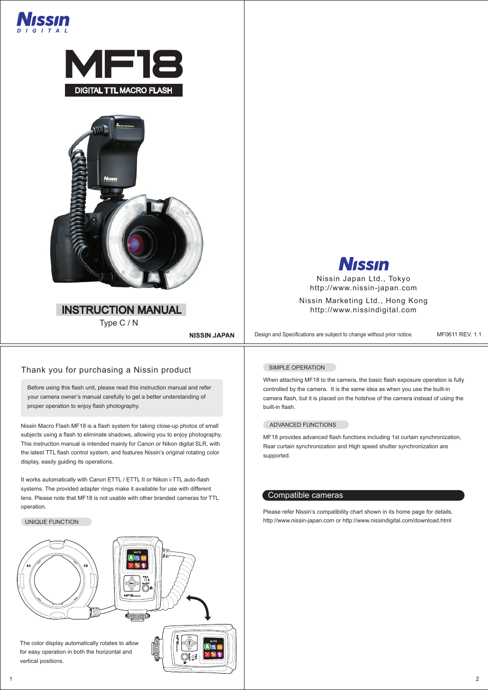 Nissin MF18 Macro Ring Flash for Sony User Manual | 8 pages