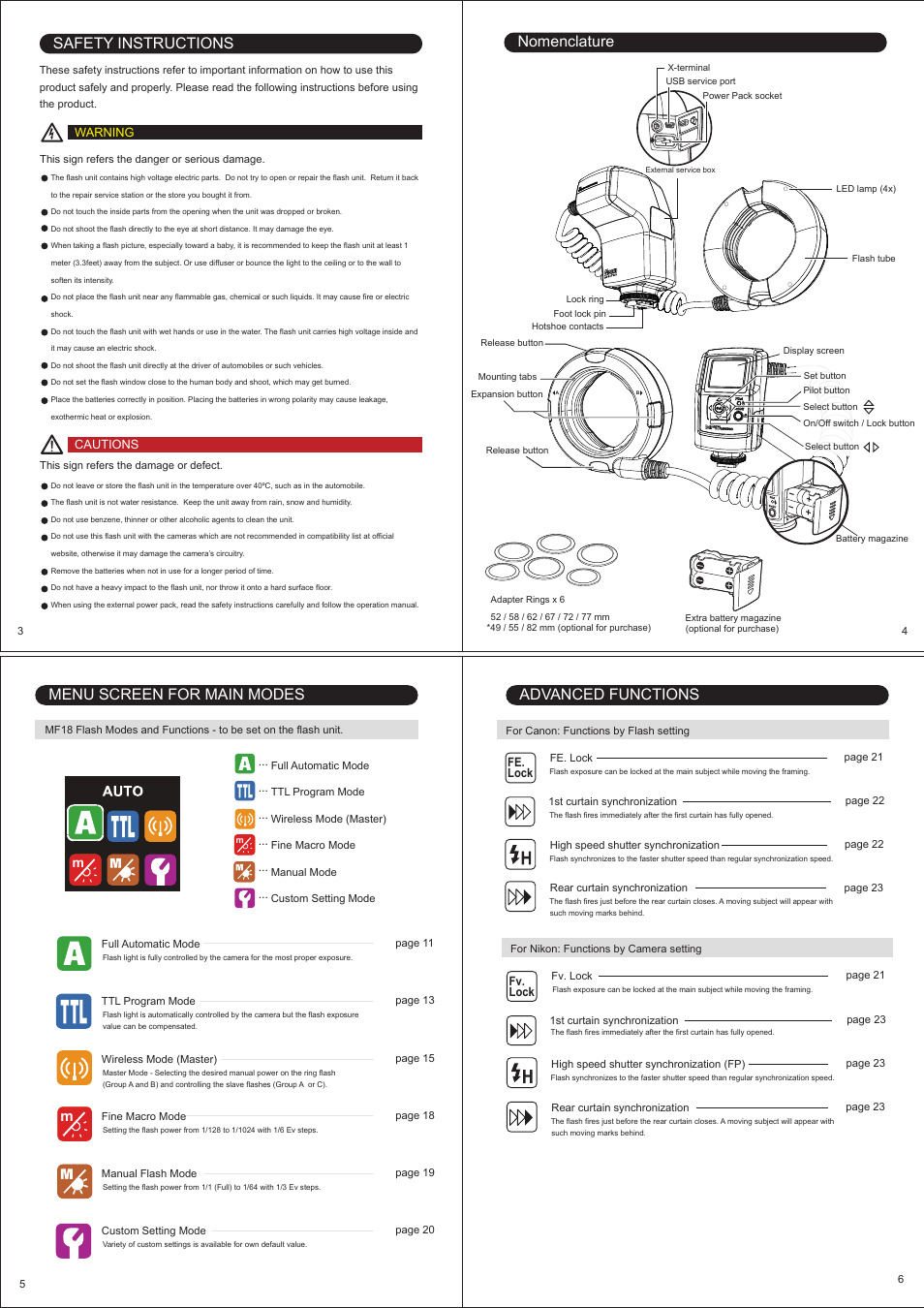 Safety instructions, Nomenclature, Menu screen for main modes | Advanced functions | Nissin MF18 Macro Ring Flash for Sony User Manual | Page 2 / 8