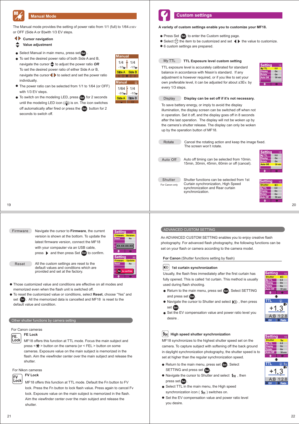 Custom settings | Nissin MF18 Macro Ring Flash for Sony User Manual | Page 6 / 8