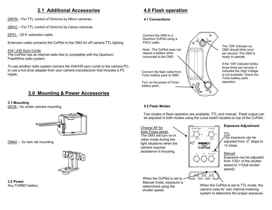 1 additional accessories, 0 mounting & power accessories, 0 flash operation | Quantum Instruments OmOM3 TTL Flash and Auto-Tracking Video Light User Manual | Page 2 / 4