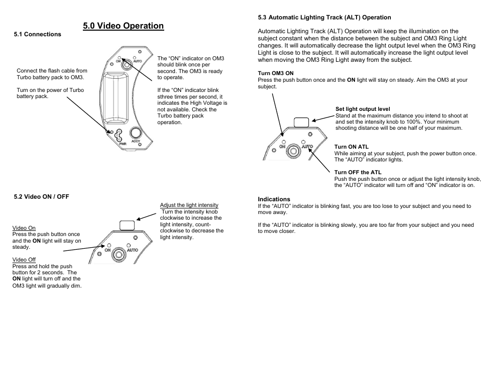 0 video operation | Quantum Instruments OmOM3 TTL Flash and Auto-Tracking Video Light User Manual | Page 3 / 4