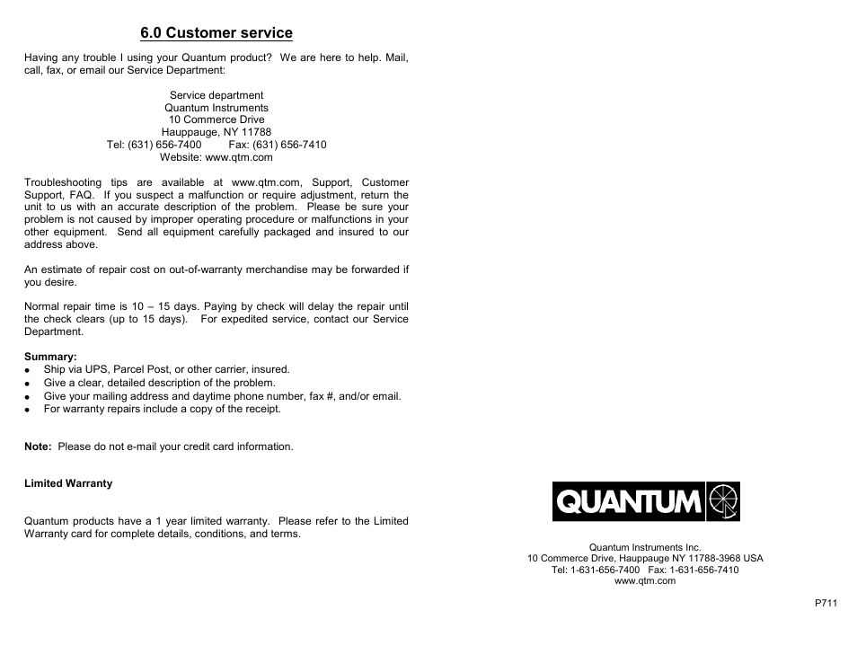 0 customer service | Quantum Instruments OmOM3 TTL Flash and Auto-Tracking Video Light User Manual | Page 4 / 4
