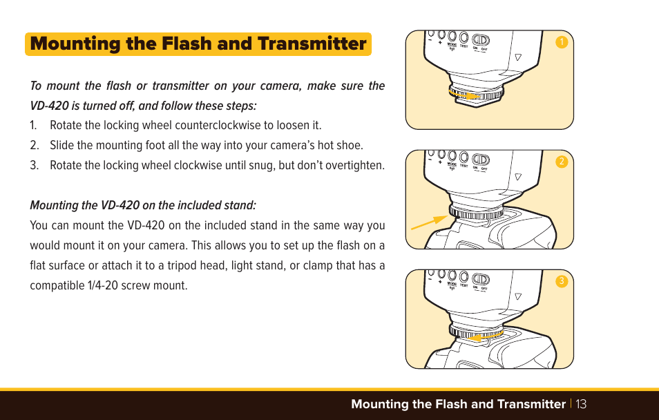 Mounting the flash and transmitter | Bolt VD-420 Wireless Manual Flash User Manual | Page 13 / 32