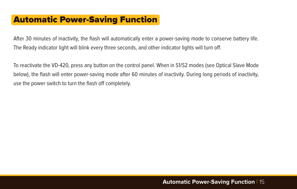 Automatic power-saving function | Bolt VD-420 Wireless Manual Flash User Manual | Page 15 / 32