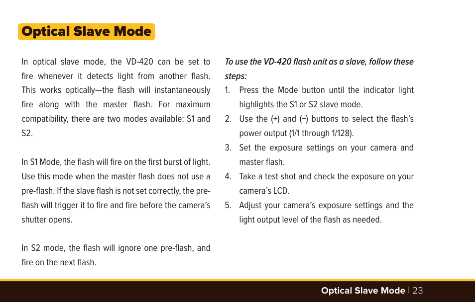 Optical slave mode | Bolt VD-420 Wireless Manual Flash User Manual | Page 23 / 32