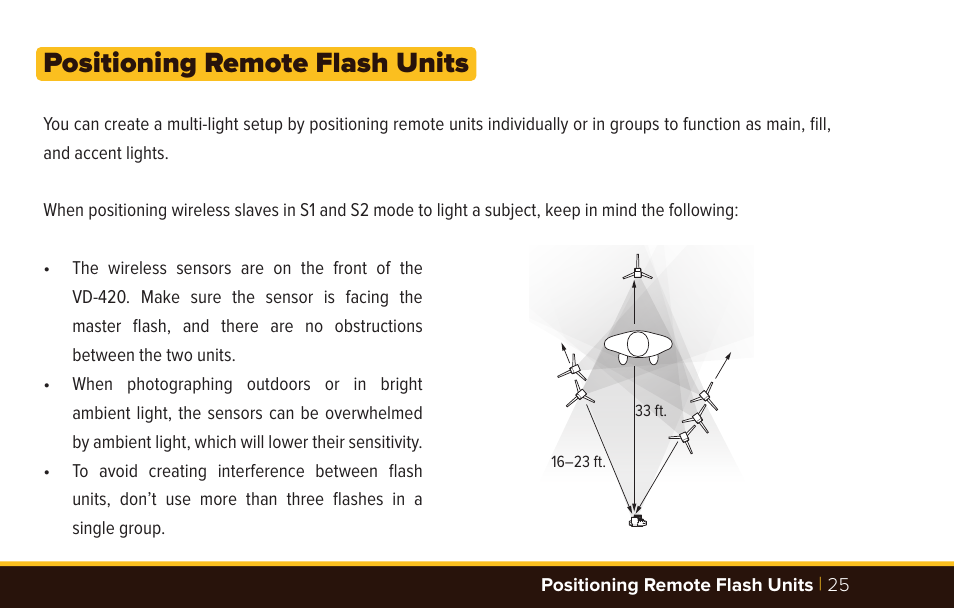 Positioning remote flash units | Bolt VD-420 Wireless Manual Flash User Manual | Page 25 / 32