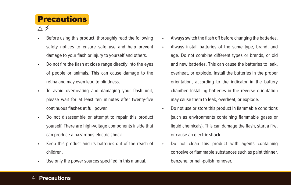 Precautions | Bolt VD-420 Wireless Manual Flash User Manual | Page 4 / 32