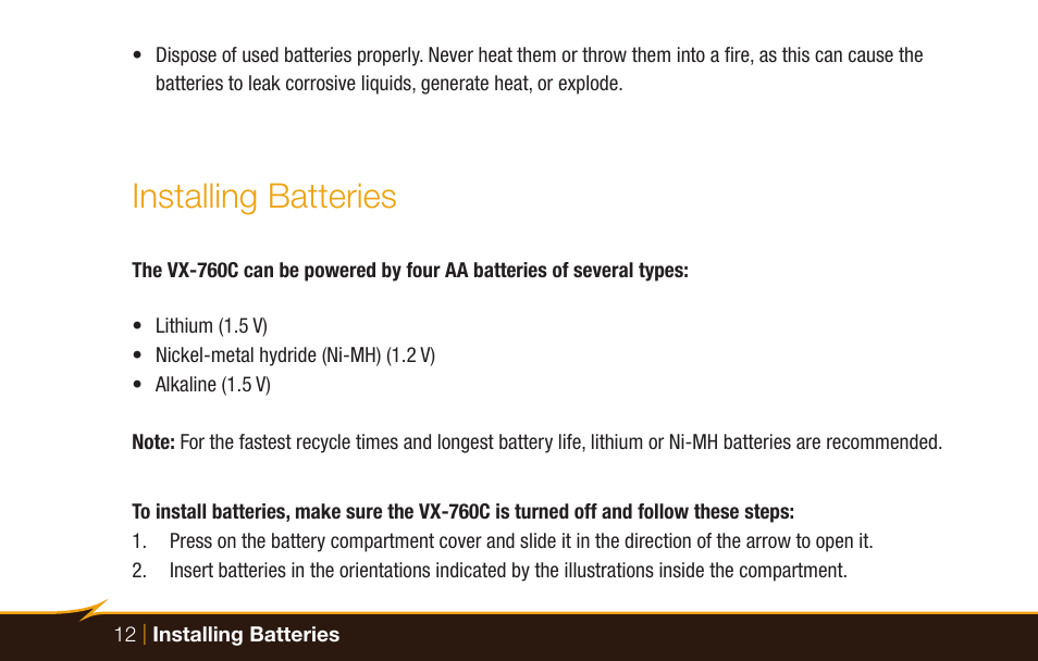 Installing batteries | Bolt VX-760C Wireless TTL Flash for Cameras User Manual | Page 12 / 52