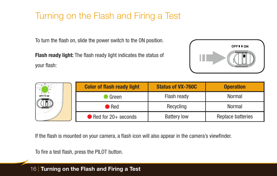 Turning on the flash and firing a test | Bolt VX-760C Wireless TTL Flash for Cameras User Manual | Page 16 / 52