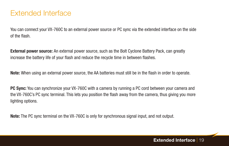 Extended interface | Bolt VX-760C Wireless TTL Flash for Cameras User Manual | Page 19 / 52