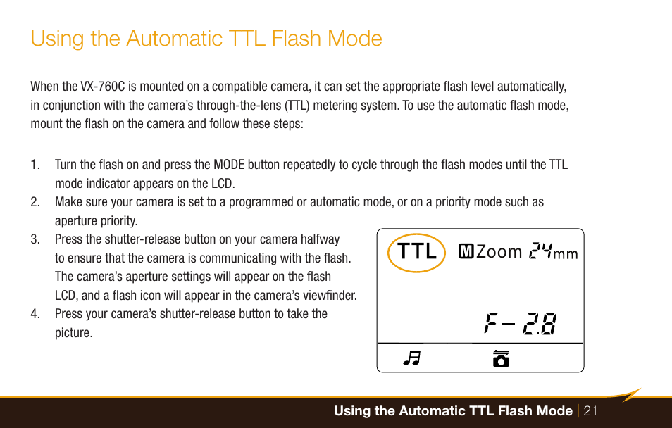 Using the automatic ttl flash mode, Zoom | Bolt VX-760C Wireless TTL Flash for Cameras User Manual | Page 21 / 52