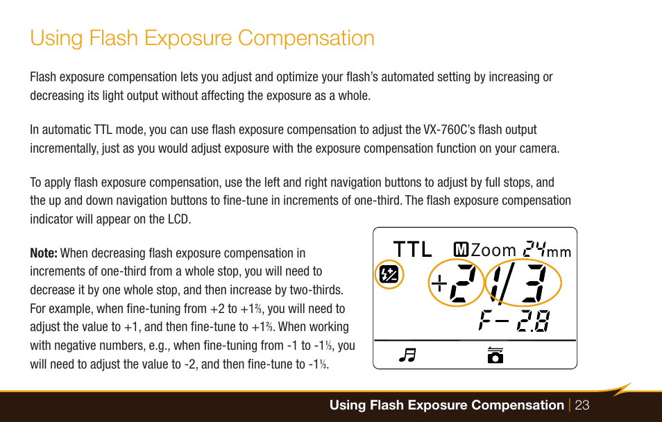 Using flash exposure compensation, Zoom | Bolt VX-760C Wireless TTL Flash for Cameras User Manual | Page 23 / 52