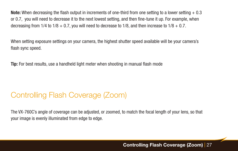 Controlling flash coverage (zoom) | Bolt VX-760C Wireless TTL Flash for Cameras User Manual | Page 27 / 52