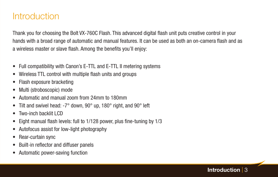 Introduction | Bolt VX-760C Wireless TTL Flash for Cameras User Manual | Page 3 / 52