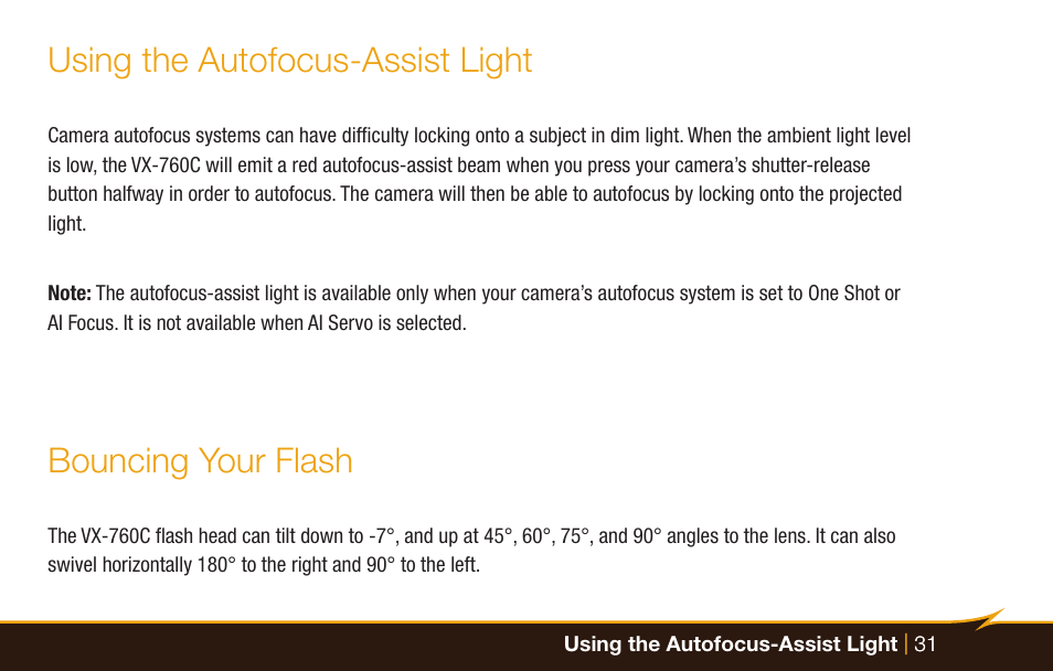 Using the autofocus-assist light, Bouncing your flash | Bolt VX-760C Wireless TTL Flash for Cameras User Manual | Page 31 / 52