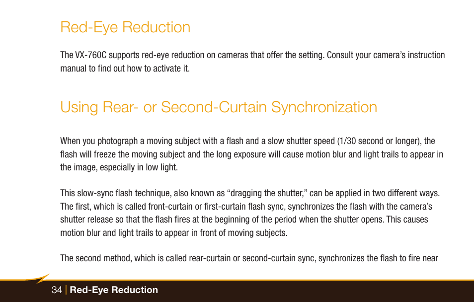 Red-eye reduction, Using rear- or second-curtain synchronization | Bolt VX-760C Wireless TTL Flash for Cameras User Manual | Page 34 / 52