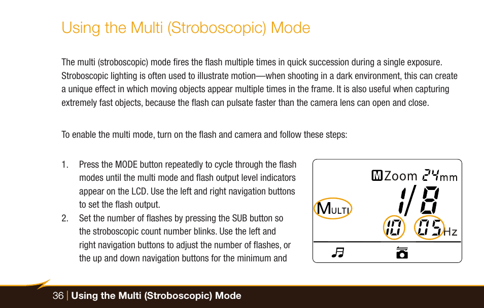 Using the multi (stroboscopic) mode, Zoom | Bolt VX-760C Wireless TTL Flash for Cameras User Manual | Page 36 / 52