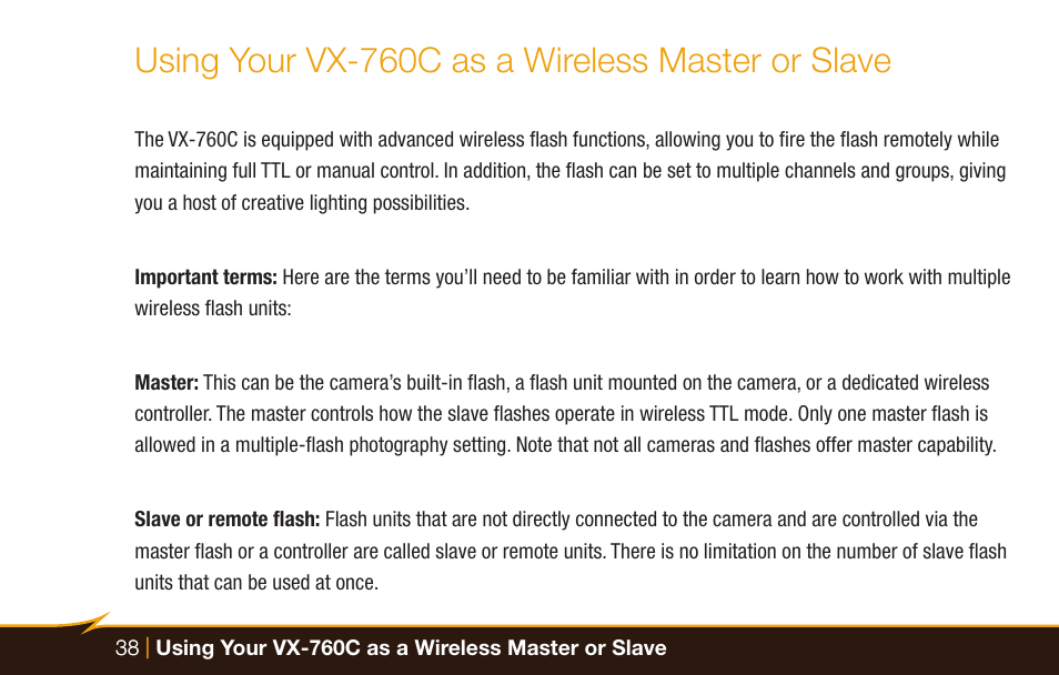 Using your vx-760c as a wireless master or slave | Bolt VX-760C Wireless TTL Flash for Cameras User Manual | Page 38 / 52