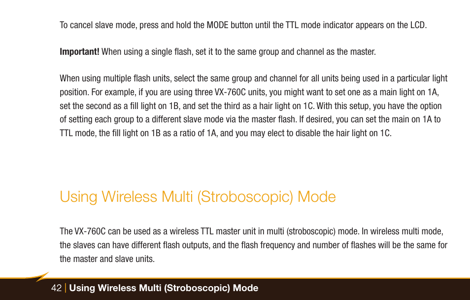 Using wireless multi (stroboscopic) mode | Bolt VX-760C Wireless TTL Flash for Cameras User Manual | Page 42 / 52