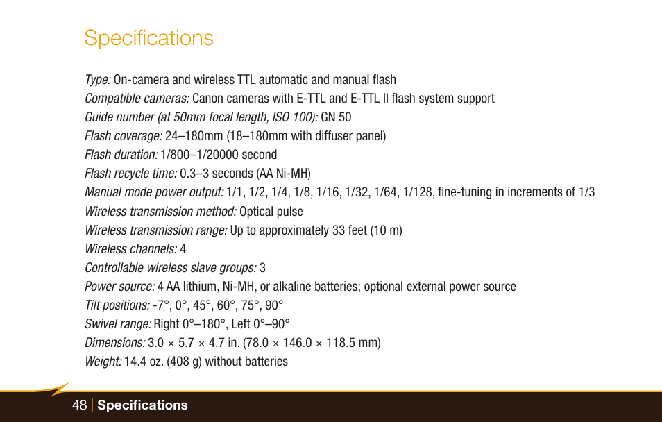 Specifications | Bolt VX-760C Wireless TTL Flash for Cameras User Manual | Page 48 / 52