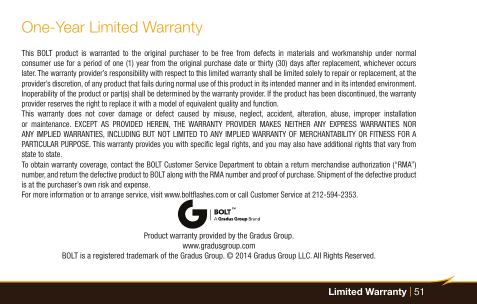 One-year limited warranty | Bolt VX-760C Wireless TTL Flash for Cameras User Manual | Page 51 / 52