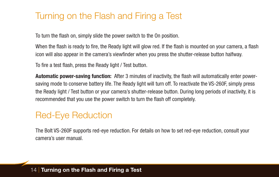 Turning on the flash and firing a test, Red-eye reduction | Bolt VS-260F Compact On-Camera Flash for Cameras User Manual | Page 14 / 24